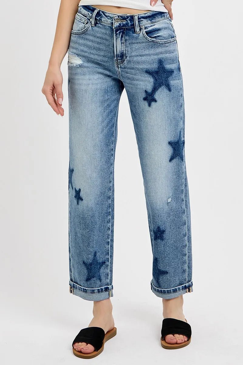 RISEN Full Size Mid Rise Boyfriend Star Shadow Detail Cuffed Jeans Plus Size - Blu Lotus Boutique