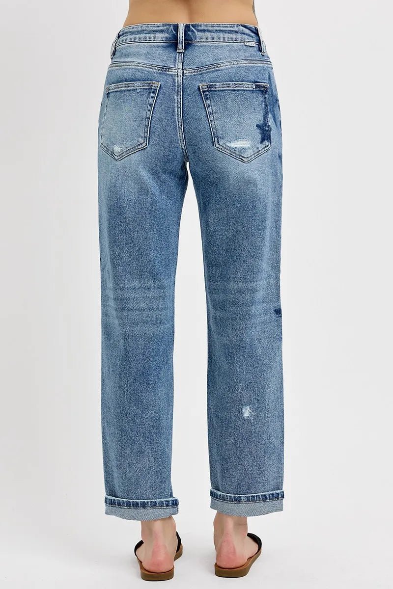 RISEN Full Size Mid Rise Boyfriend Star Shadow Detail Cuffed Jeans Plus Size - Blu Lotus Boutique