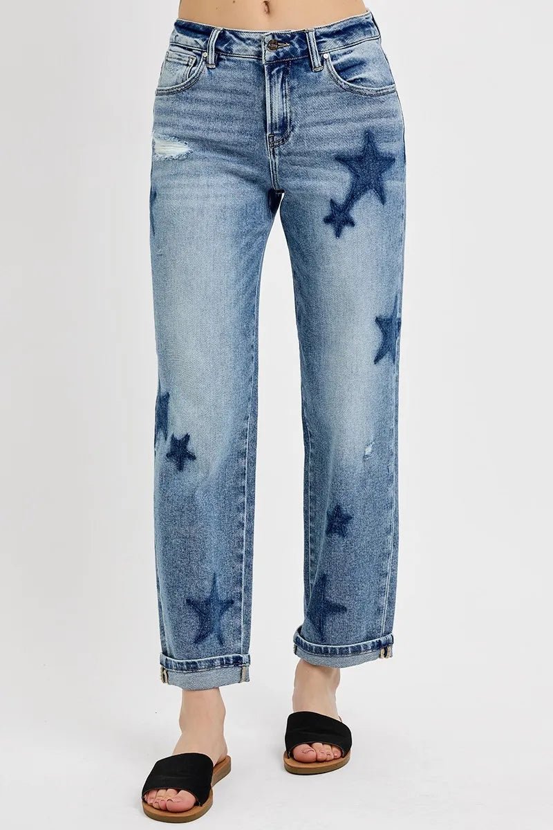 RISEN Full Size Mid Rise Boyfriend Star Shadow Detail Cuffed Jeans Plus Size - Blu Lotus Boutique