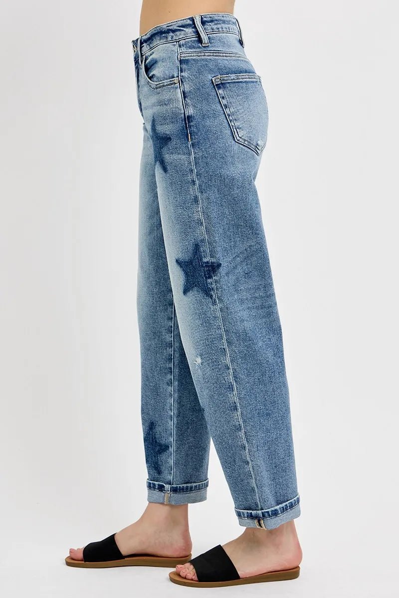 RISEN Full Size Mid Rise Boyfriend Star Shadow Detail Cuffed Jeans Plus Size - Blu Lotus Boutique