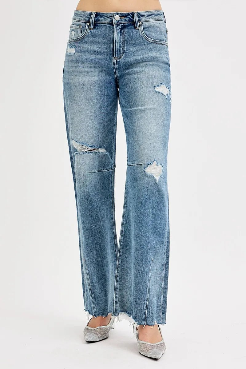 RISEN Full Size Mid Rise Fit Wide Baggy Leg Tie Washed Jeans Plus Size - Blu Lotus Boutique
