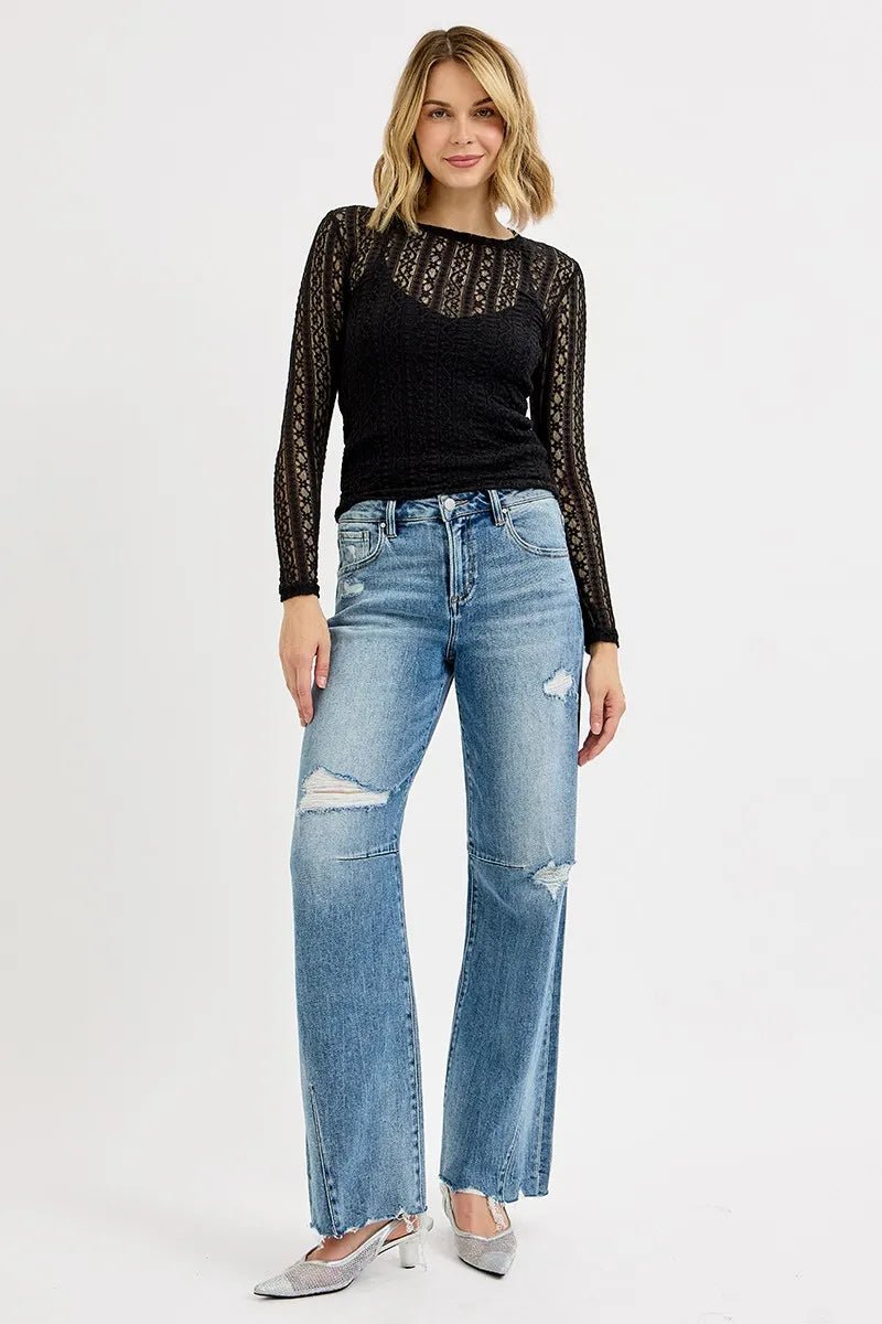 RISEN Full Size Mid Rise Fit Wide Baggy Leg Tie Washed Jeans Plus Size - Blu Lotus Boutique