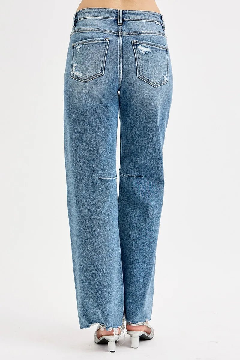 RISEN Full Size Mid Rise Fit Wide Baggy Leg Tie Washed Jeans Plus Size - Blu Lotus Boutique