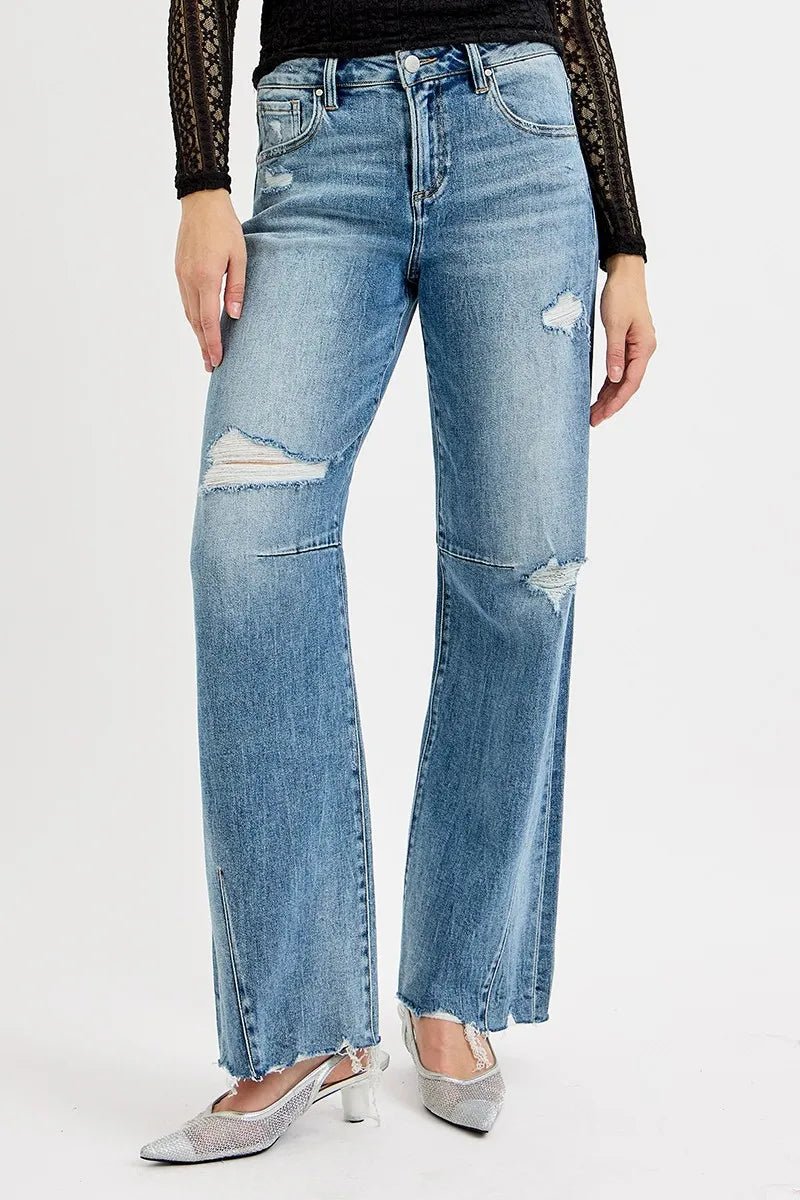 RISEN Full Size Mid Rise Fit Wide Baggy Leg Tie Washed Jeans Plus Size - Blu Lotus Boutique