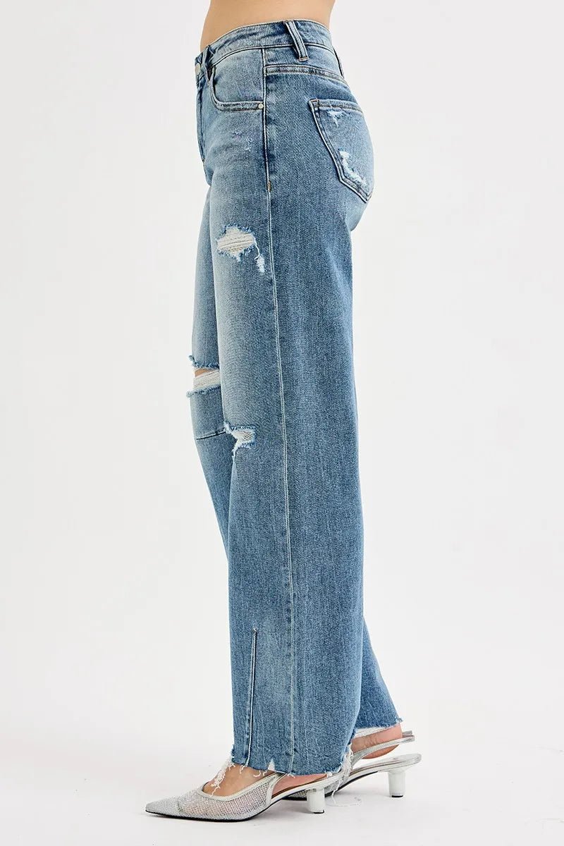 RISEN Full Size Mid Rise Fit Wide Baggy Leg Tie Washed Jeans Plus Size - Blu Lotus Boutique