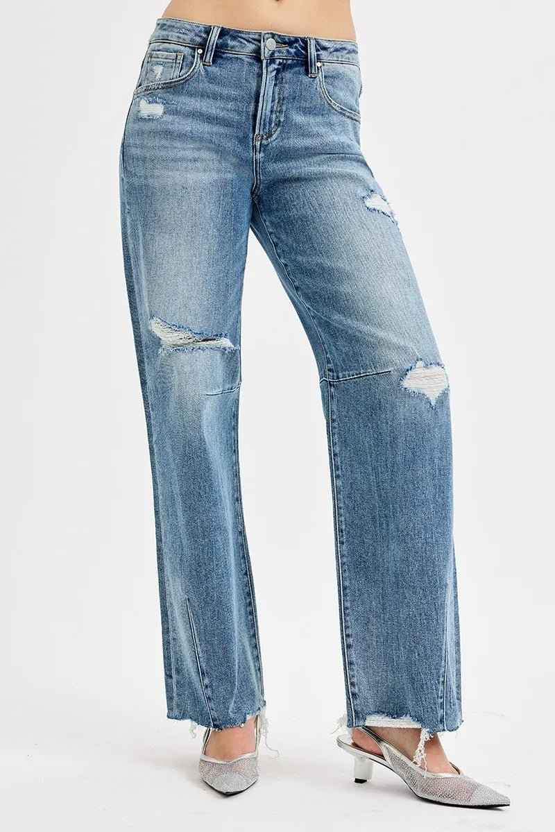 RISEN Full Size Mid Rise Fit Wide Baggy Leg Tie Washed Jeans Plus Size - Blu Lotus Boutique