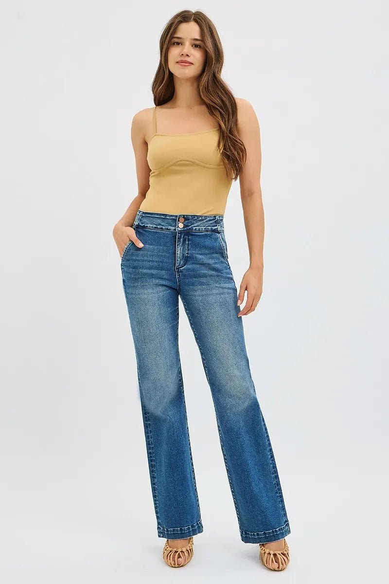 RISEN Full Size Tummy Control High Rise Bootcut Jeans with Double Button Waistband Plus Size - Blu Lotus Boutique