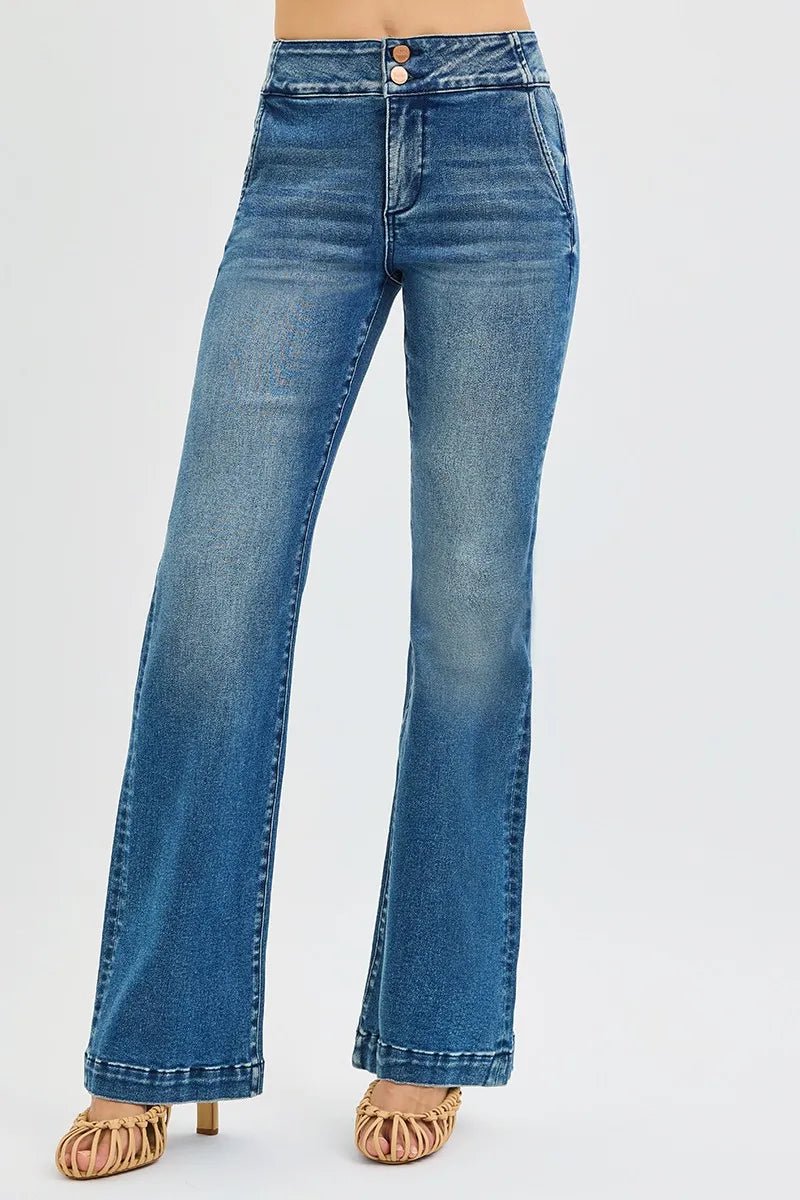RISEN Full Size Tummy Control High Rise Bootcut Jeans with Double Button Waistband Plus Size - Blu Lotus Boutique