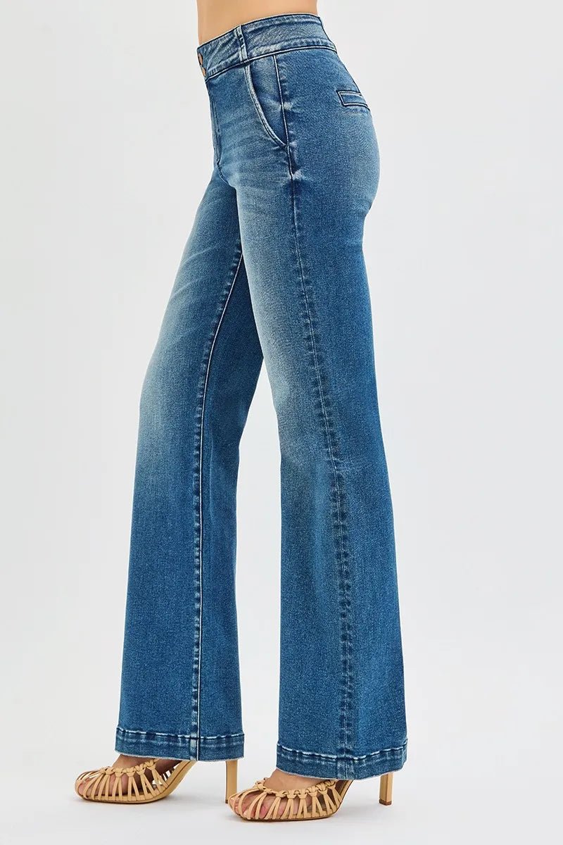 RISEN Full Size Tummy Control High Rise Bootcut Jeans with Double Button Waistband Plus Size - Blu Lotus Boutique