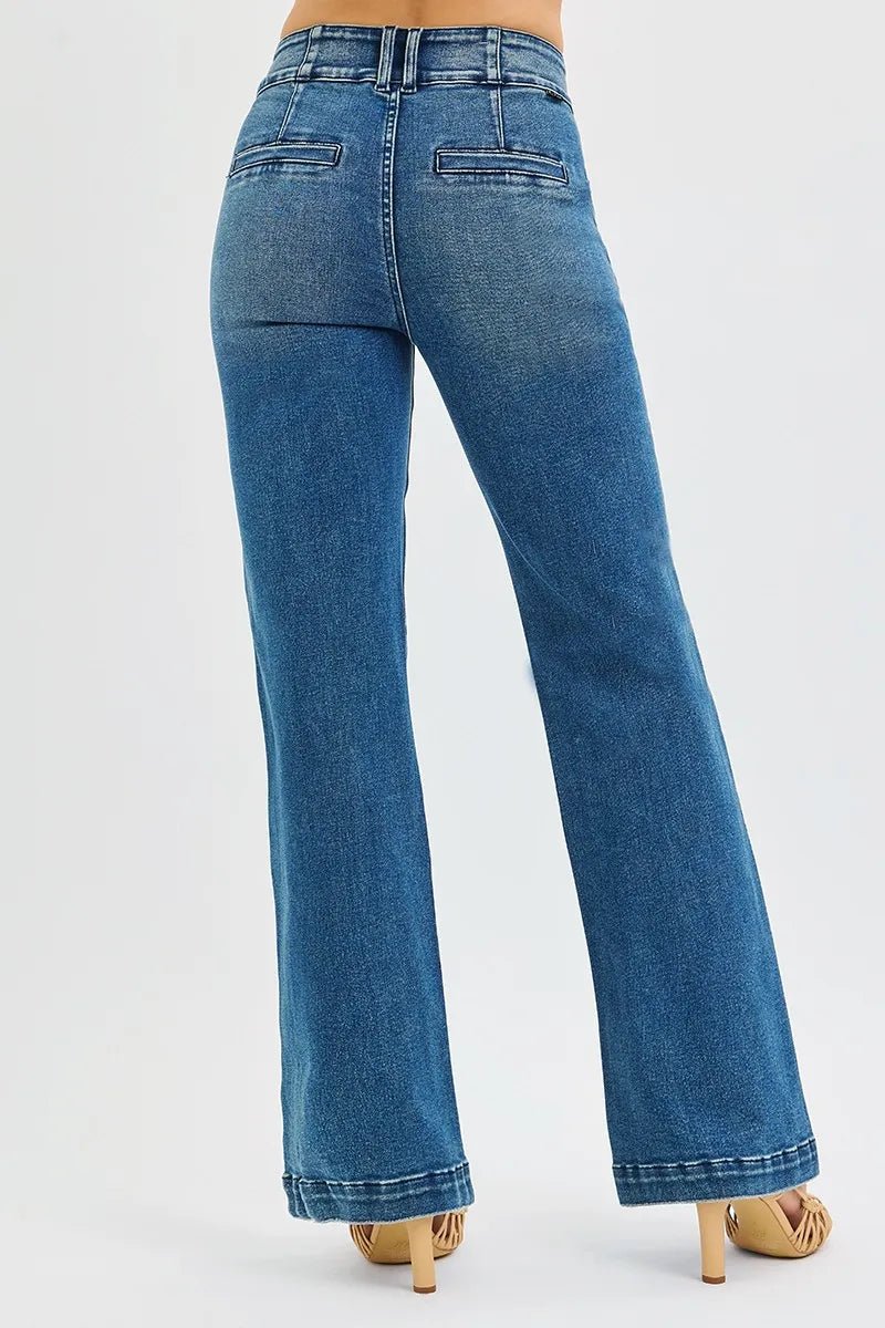 RISEN Full Size Tummy Control High Rise Bootcut Jeans with Double Button Waistband Plus Size - Blu Lotus Boutique