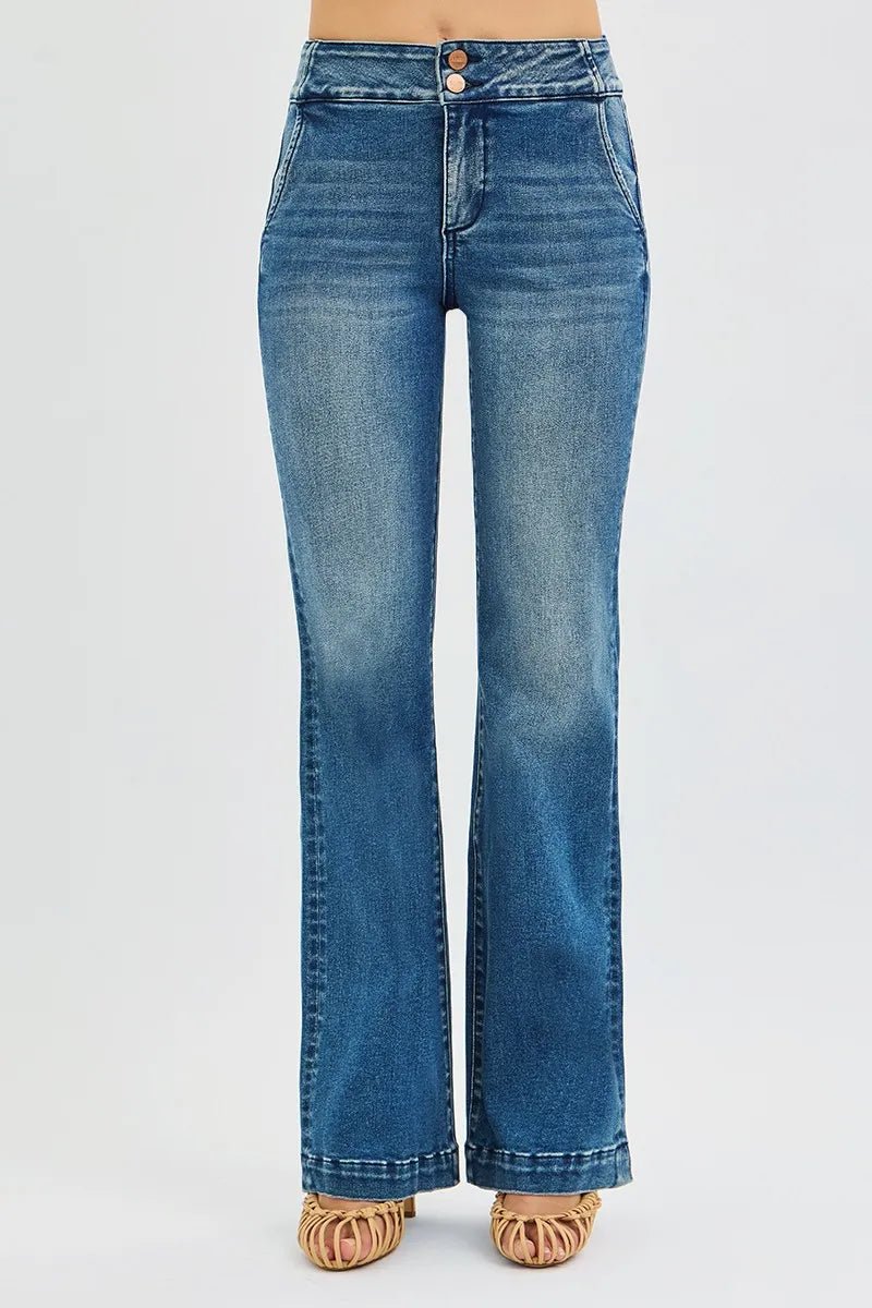 RISEN Full Size Tummy Control High Rise Bootcut Jeans with Double Button Waistband Plus Size - Blu Lotus Boutique