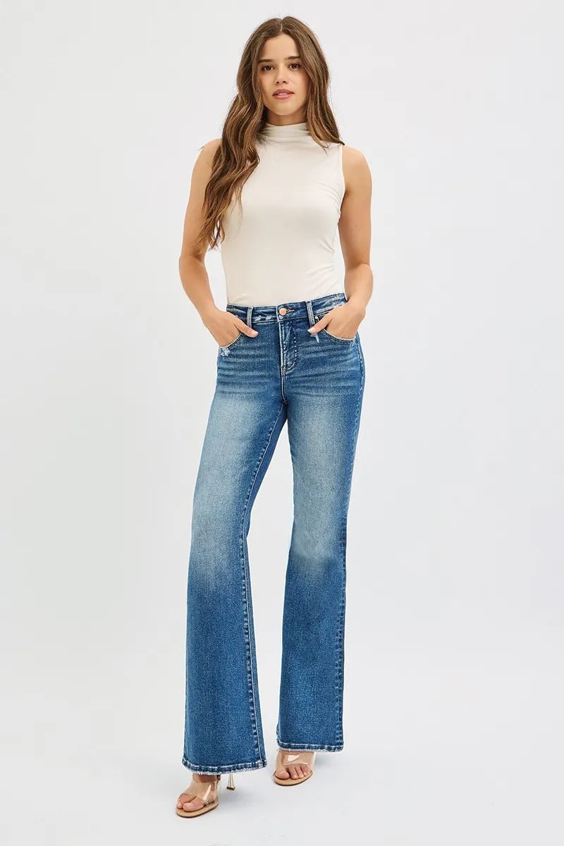 RISEN Full Size Tummy Control High Rise Flare Jeans Plus Size - Blu Lotus Boutique