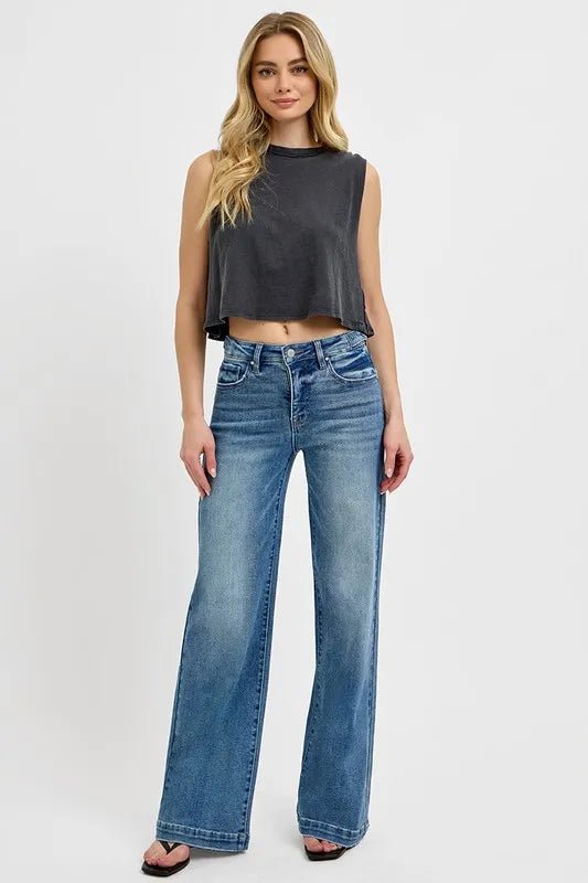RISEN Full Size Tummy Control High Rise Wide Adjustable Waist Band Jeans Plus Size - Blu Lotus Boutique