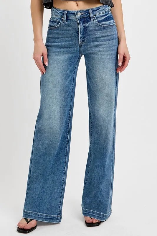 RISEN Full Size Tummy Control High Rise Wide Adjustable Waist Band Jeans Plus Size - Blu Lotus Boutique
