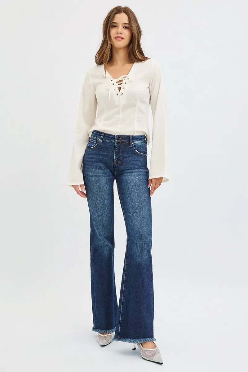 RISEN Full Size Tummy Control Mid Rise Flare Jeans Plus Size - Blu Lotus Boutique