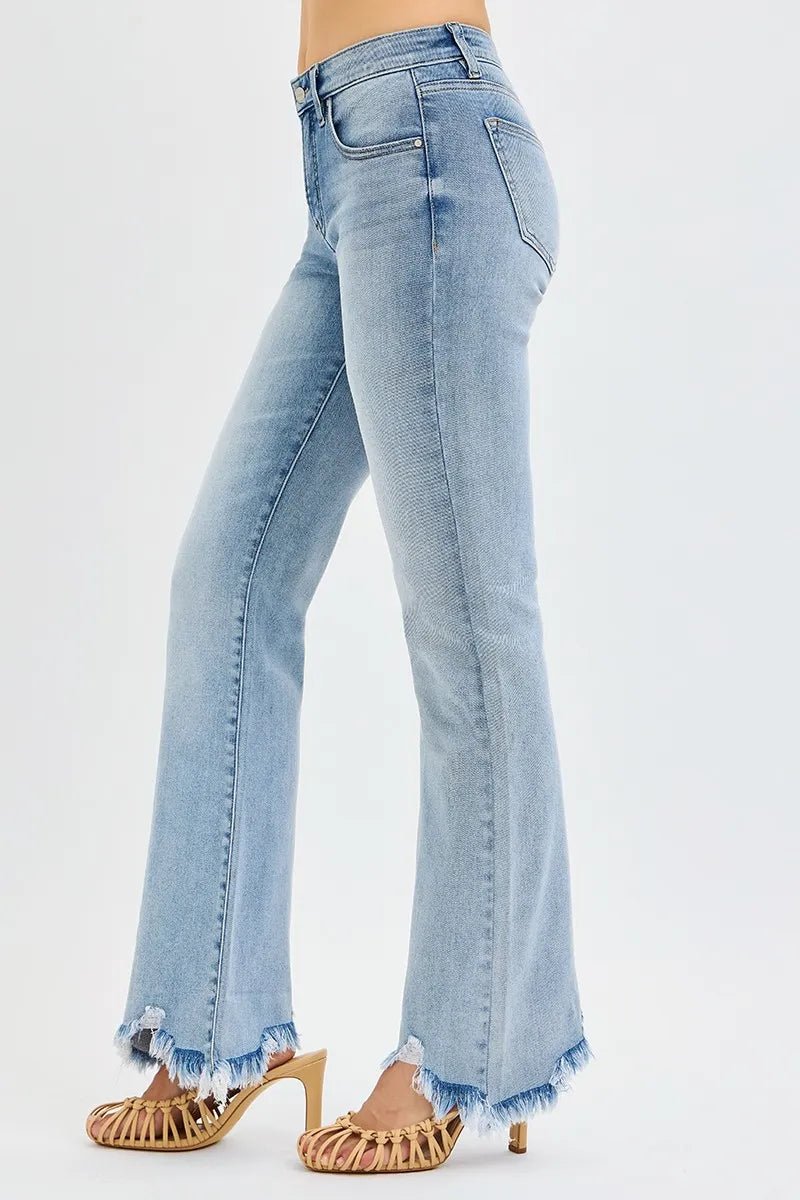RISEN Full Size Tummy Control Mid Rise Flare Jeans with Fray Hem Detailed Plus Size - Blu Lotus Boutique
