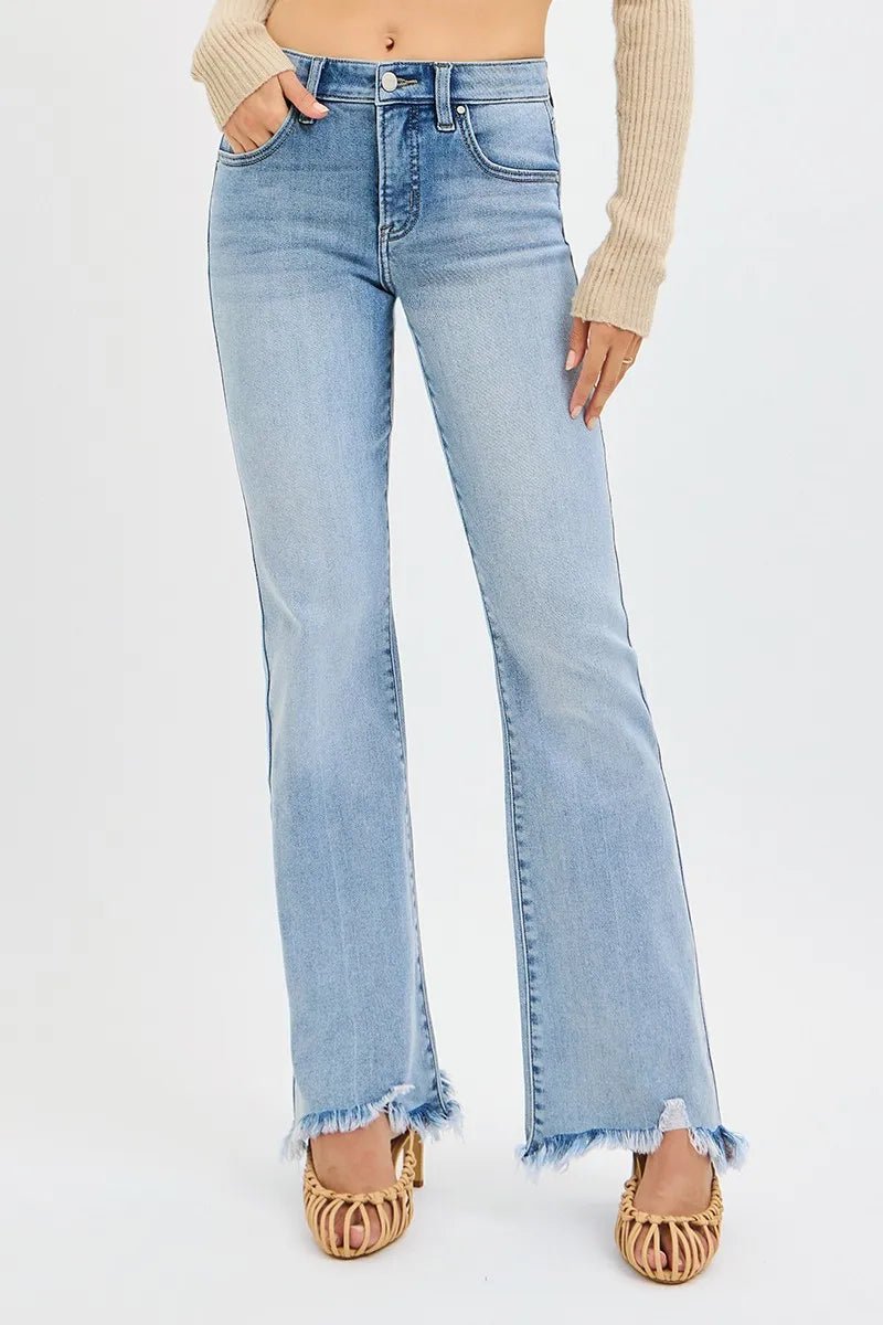 RISEN Full Size Tummy Control Mid Rise Flare Jeans with Fray Hem Detailed Plus Size - Blu Lotus Boutique