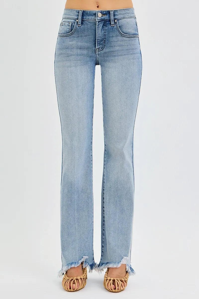 RISEN Full Size Tummy Control Mid Rise Flare Jeans with Fray Hem Detailed Plus Size - Blu Lotus Boutique