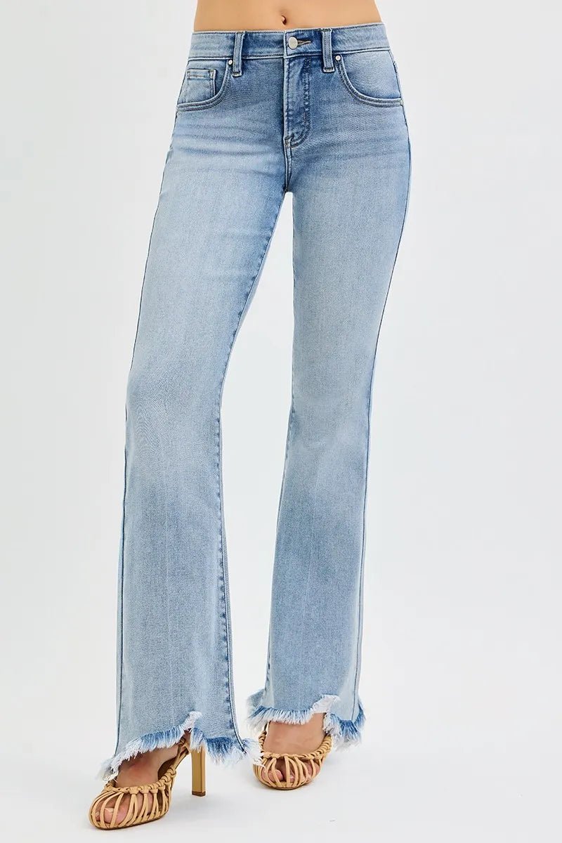 RISEN Full Size Tummy Control Mid Rise Flare Jeans with Fray Hem Detailed Plus Size - Blu Lotus Boutique