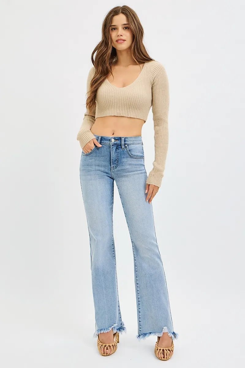RISEN Full Size Tummy Control Mid Rise Flare Jeans with Fray Hem Detailed Plus Size - Blu Lotus Boutique