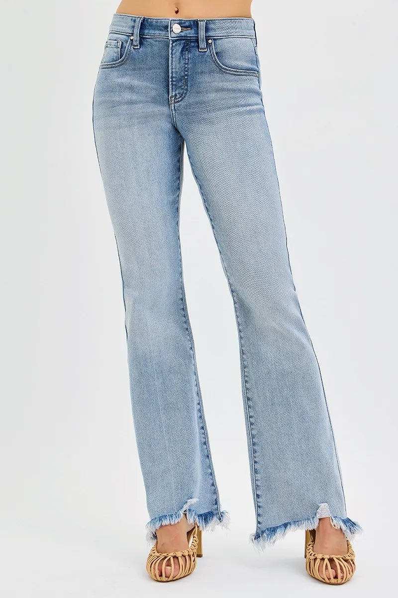 RISEN Full Size Tummy Control Mid Rise Flare Jeans with Fray Hem Detailed Plus Size - Blu Lotus Boutique