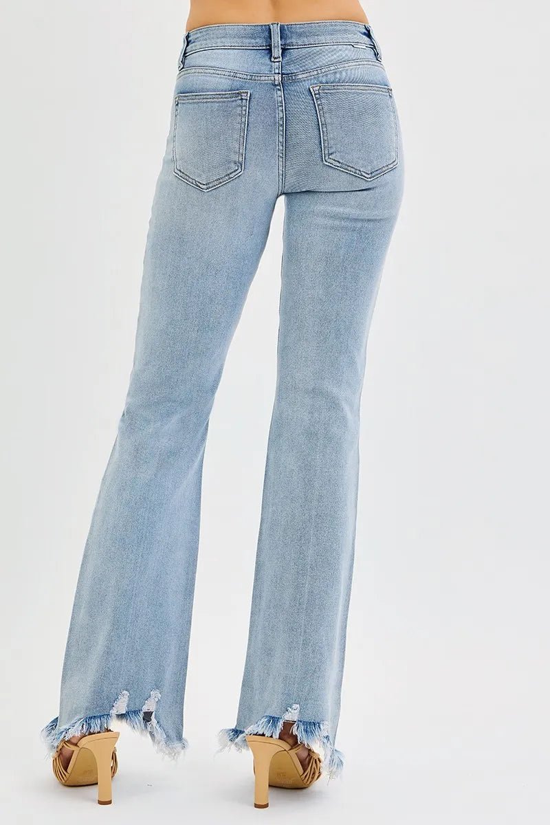 RISEN Full Size Tummy Control Mid Rise Flare Jeans with Fray Hem Detailed Plus Size - Blu Lotus Boutique