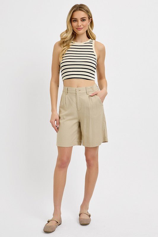 RISEN High Rise Pleated Front Shorts - Blu Lotus Boutique
