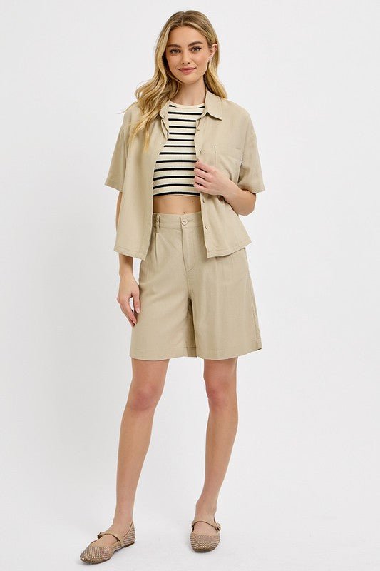 RISEN High Rise Pleated Front Shorts - Blu Lotus Boutique