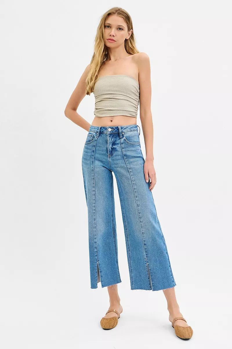 RISEN Tummy Control Mid Rise Crop Wide Front Slit Jeans - Blu Lotus Boutique