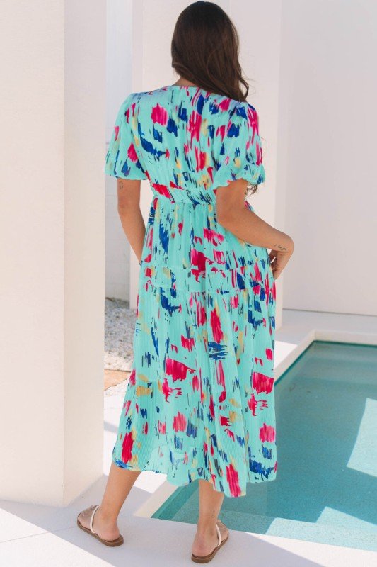 Roselyn Abstract Short Puff Sleeve Tiered Maxi Dre - Blu Lotus Boutique