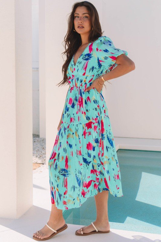 Roselyn Abstract Short Puff Sleeve Tiered Maxi Dre - Blu Lotus Boutique