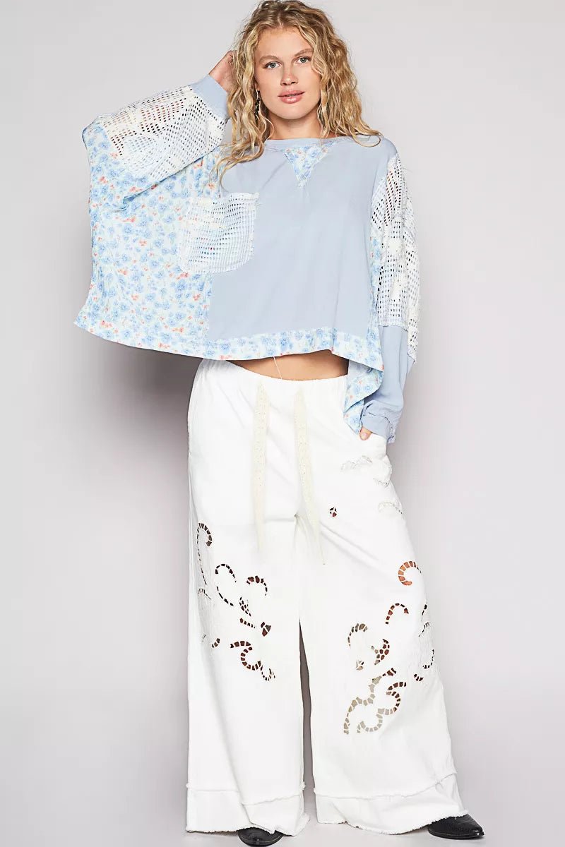 Round Neck Cropped Gauze Floral Pattern Top with Overlock Stitch Detail - Blu Lotus Boutique