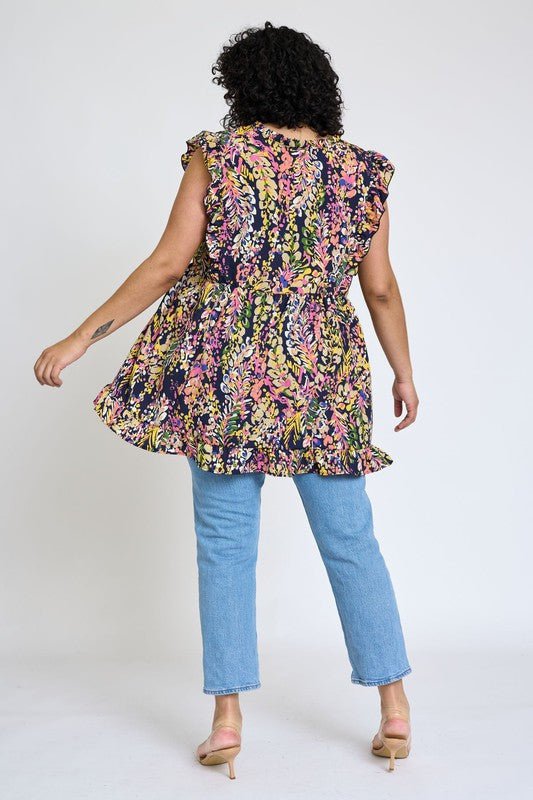 Ruffle floral leaf woven tunic top - Blu Lotus Boutique