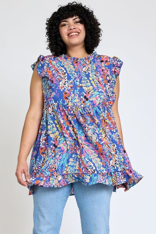 Ruffle floral leaf woven tunic top - Blu Lotus Boutique