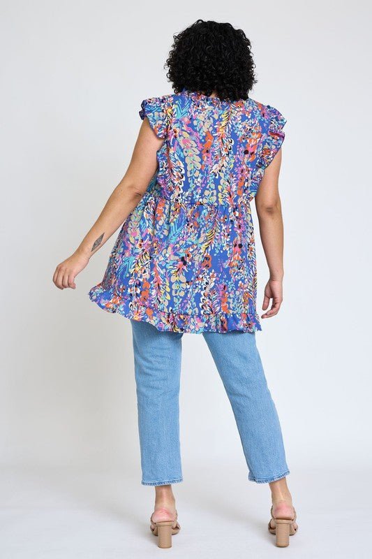 Ruffle floral leaf woven tunic top - Blu Lotus Boutique