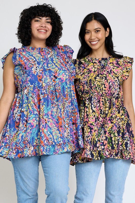 Ruffle floral leaf woven tunic top - Blu Lotus Boutique