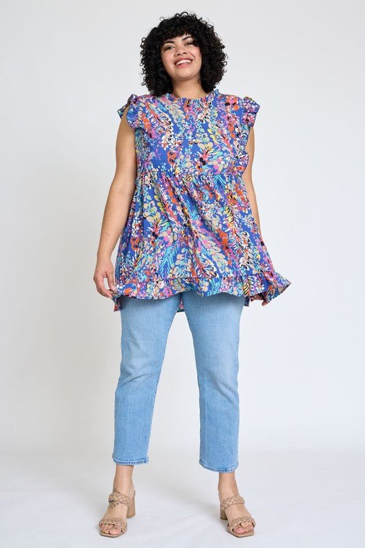 Ruffle floral leaf woven tunic top - Blu Lotus Boutique