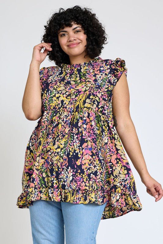 Ruffle floral leaf woven tunic top - Blu Lotus Boutique