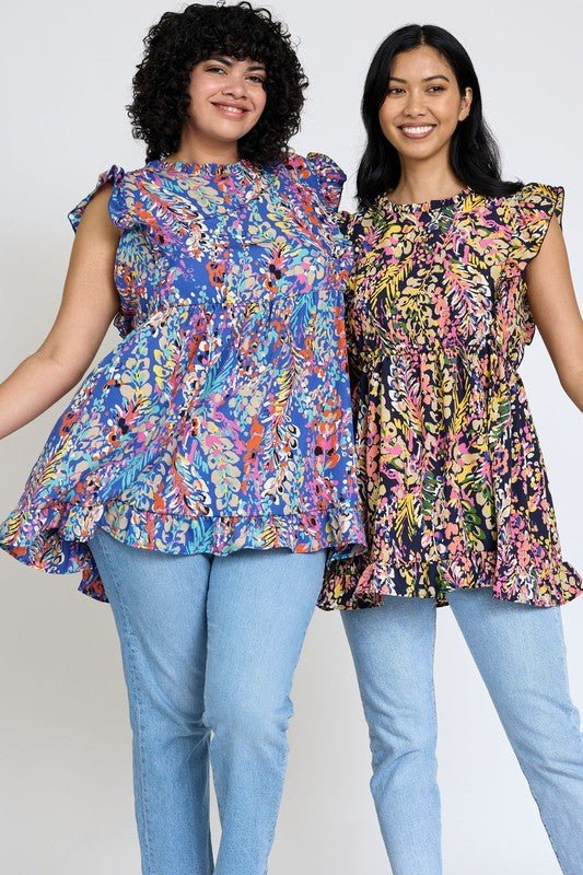 Ruffle floral leaf woven tunic top - Blu Lotus Boutique