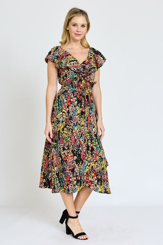 Ruffle V - Neck Sash Dress - Blu Lotus Boutique