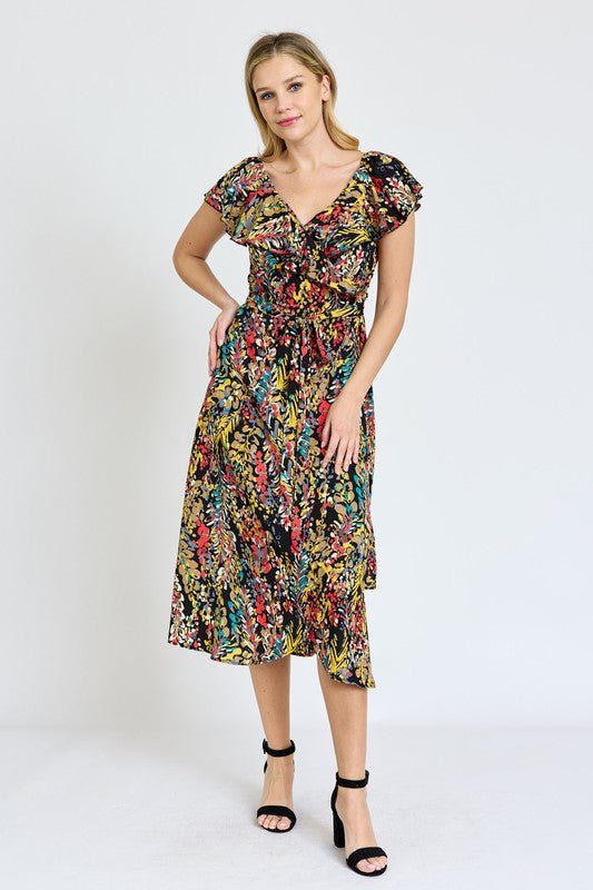 Ruffle V - Neck Sash Dress - Blu Lotus Boutique