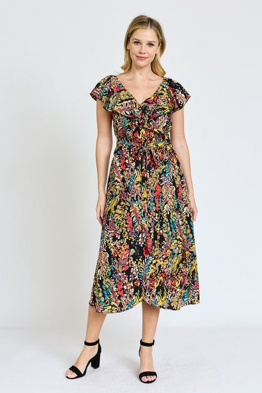 Ruffle V - Neck Sash Dress - Blu Lotus Boutique
