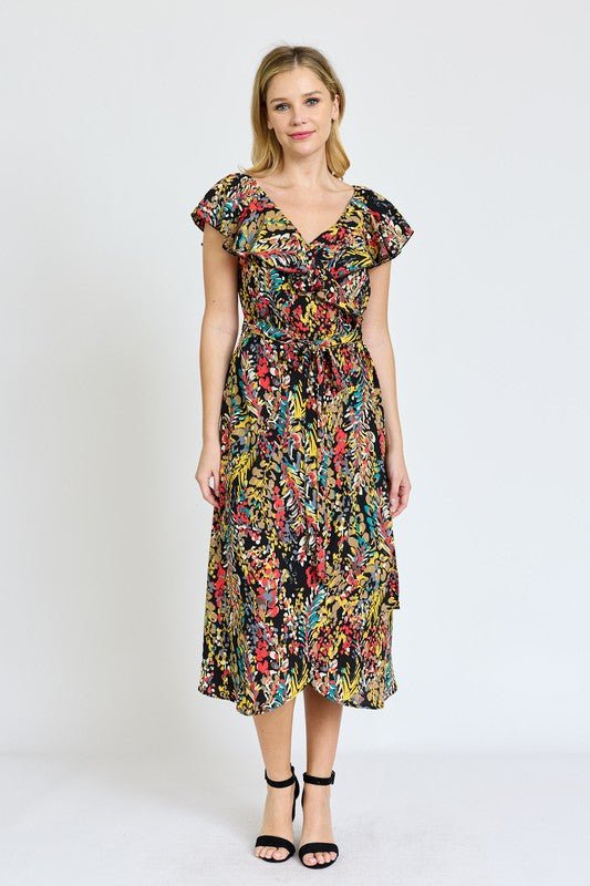 Ruffle V - Neck Sash Dress - Blu Lotus Boutique