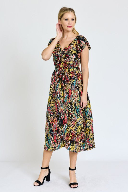 Ruffle V - Neck Sash Dress - Blu Lotus Boutique