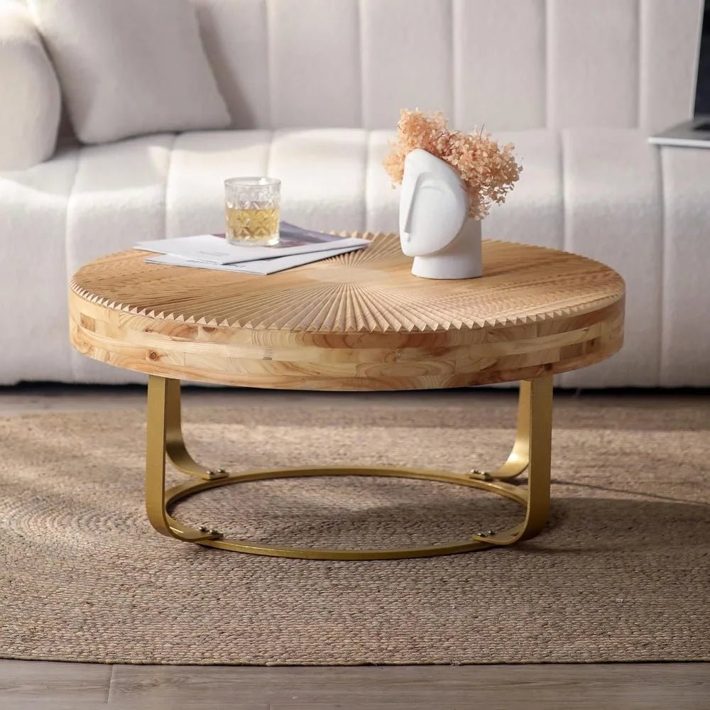Rustic Circular Coffee Table with Metal Stand, 31.5" Diameter Table for Living Spaces and Offices - Blu Lotus Boutique