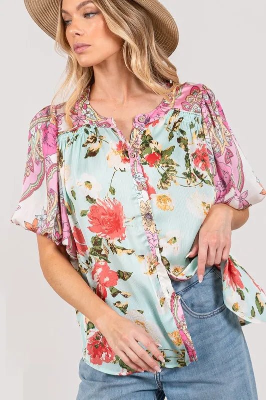 SAGE+FIG Plus Size Floral Mineral Wash French Terry Button Up Shirt - Blu Lotus Boutique