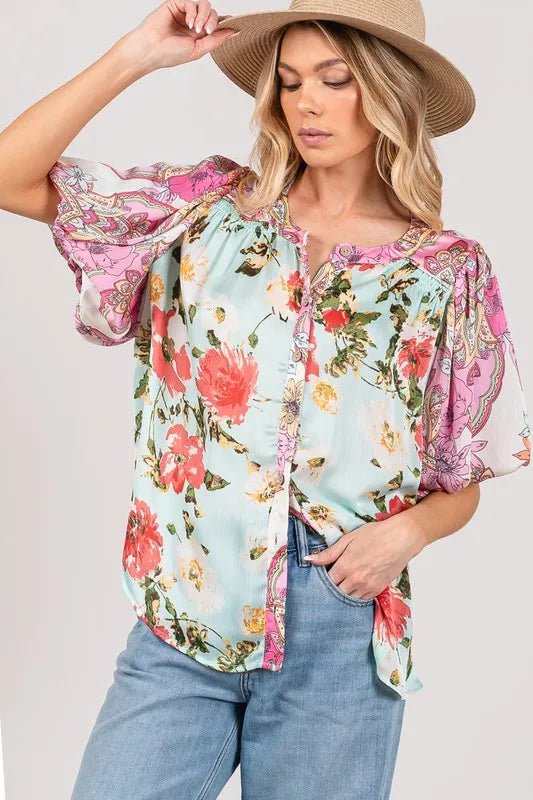 SAGE+FIG Plus Size Floral Mineral Wash French Terry Button Up Shirt - Blu Lotus Boutique