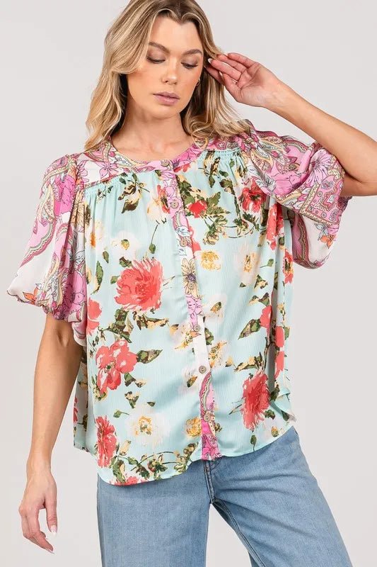 SAGE+FIG Plus Size Floral Mineral Wash French Terry Button Up Shirt - Blu Lotus Boutique