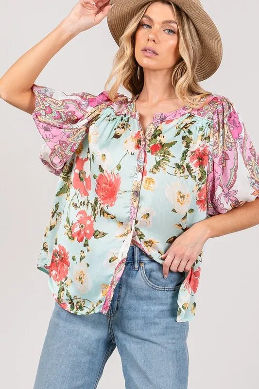 SAGE+FIG Plus Size Floral Mineral Wash French Terry Button Up Shirt - Blu Lotus Boutique