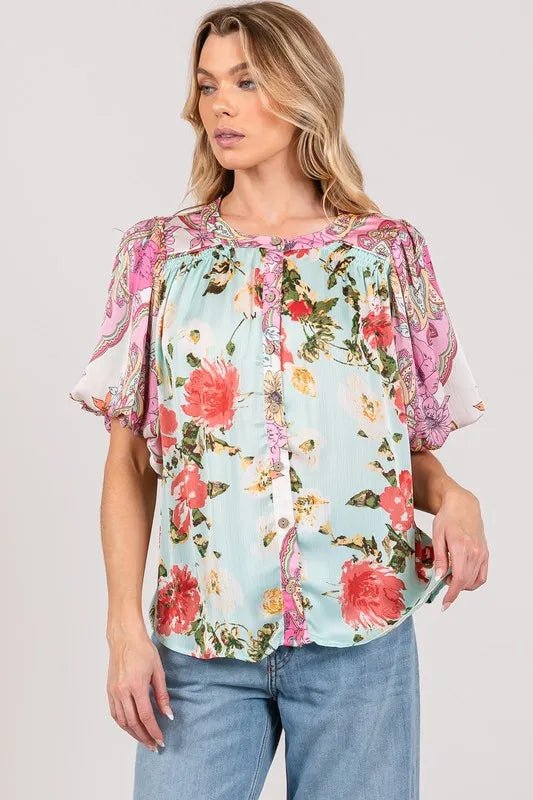 SAGE+FIG Plus Size Floral Mineral Wash French Terry Button Up Shirt - Blu Lotus Boutique
